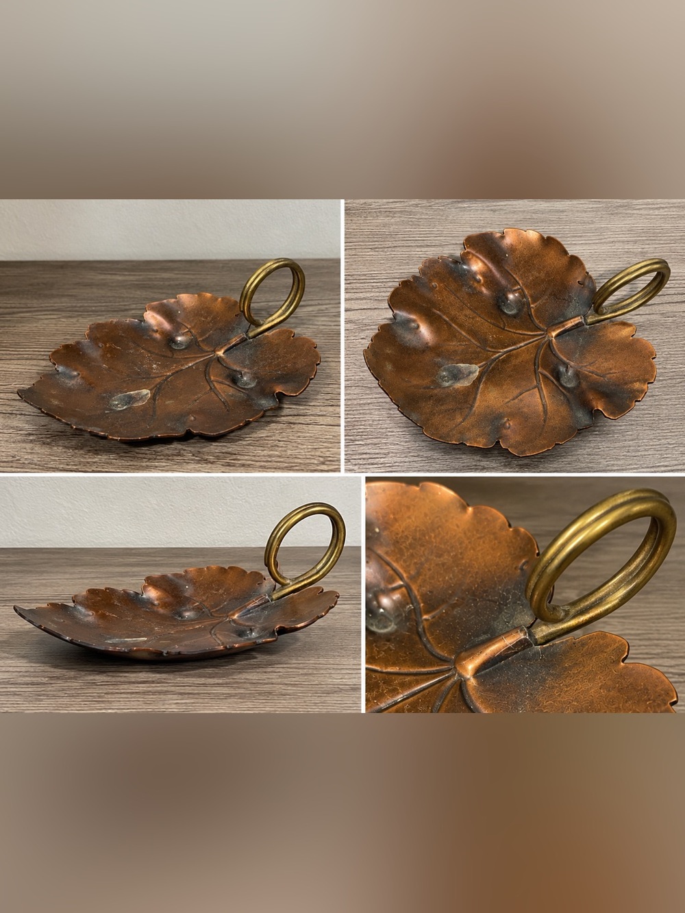 Leaf-Shaped Trinket Dish with Brass Ring Handle - Copper Finish